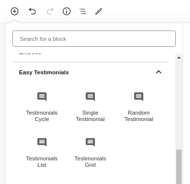 Screenshot of adding a new Testimonials Cycle custom block from under the Easy Testimonials heading